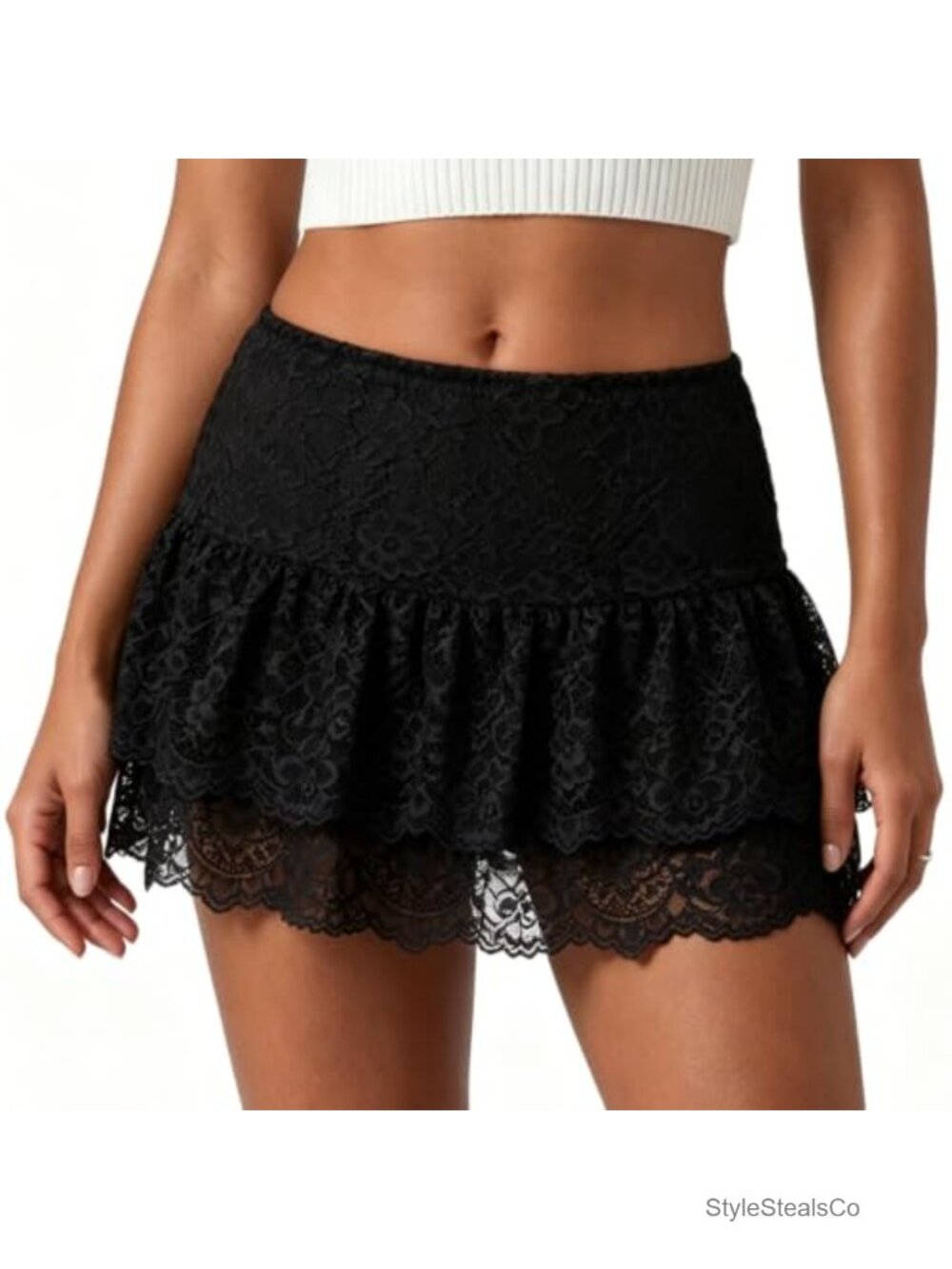 Women Lace Layered Ruffle Mini Skirt Summer Elastic Flowy Micro Short Skirt